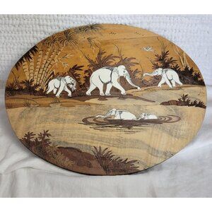 African Art Elephants Forest water wood burned wall hanging Safari inlay EUC